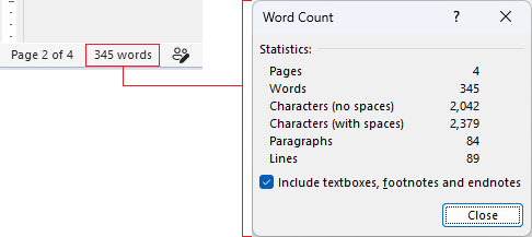 Word count on status bar and word count window in Word